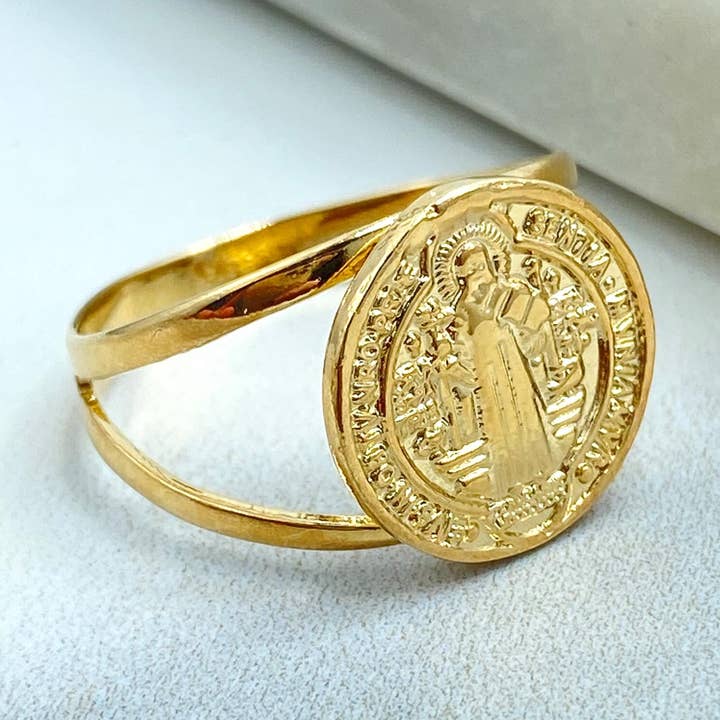 Luxus Accessories - Wholesale Band/Stacked Ring - 18k Gold Filled Saint Benedict Medal Ring, With Cutout Details, San Benito Medal Ring, Catholic Jewelry5