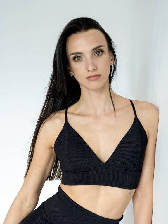 Serena Top Ribbed Matte Black ECONYL® regenerated nylon for wholesale by Sway