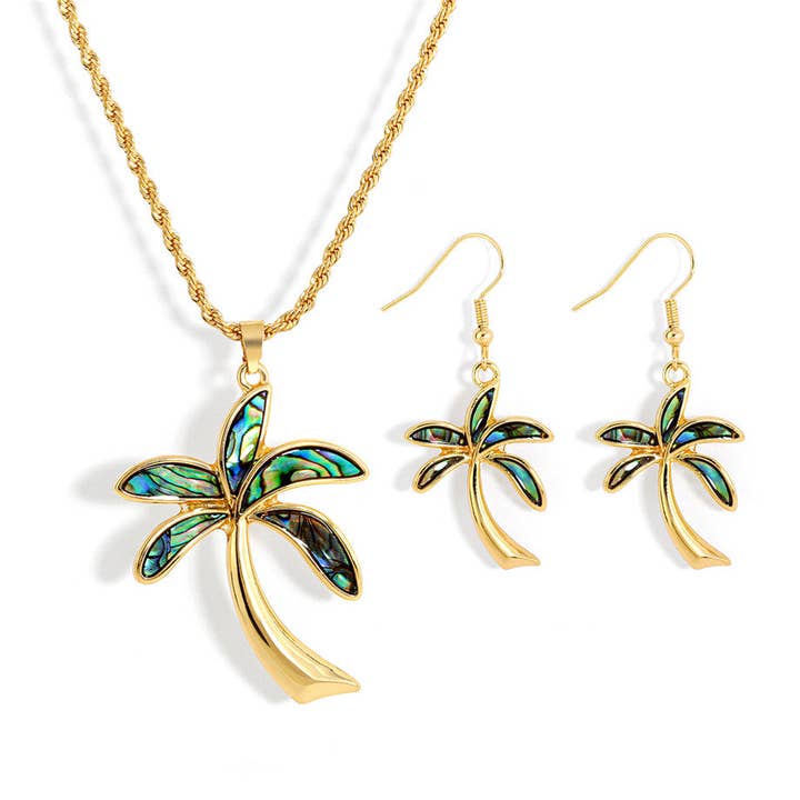 Set Of Hawaiian Abalone Palm Tree Earrings And Necklace for wholesale by S&T Collections