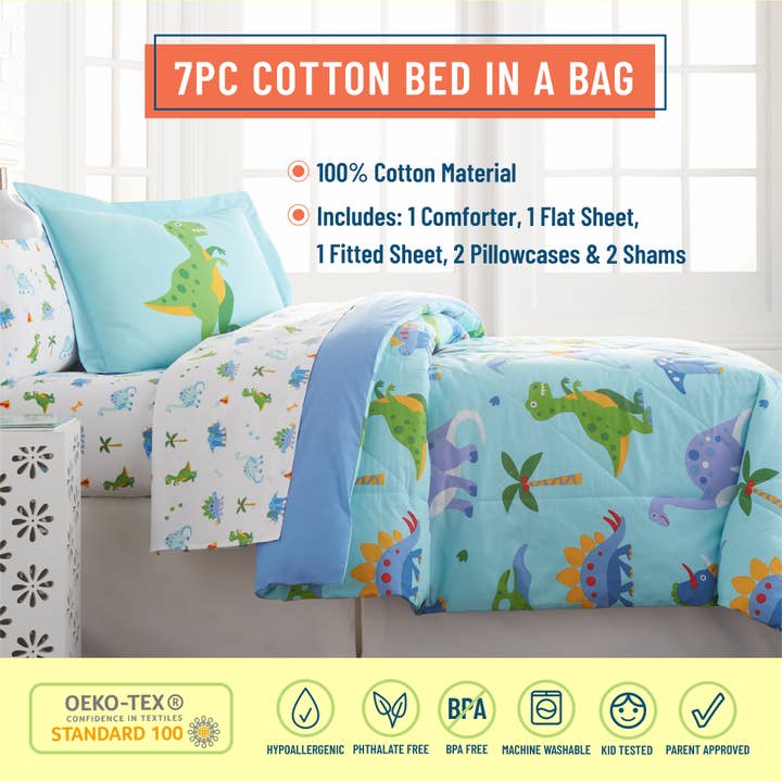 Wildkin - Vendita all'ingrosso Set di lenzuola - Bambini e neonati - Dinosaur Land 7 pz Cotone Letto in una Borsa - Completo1