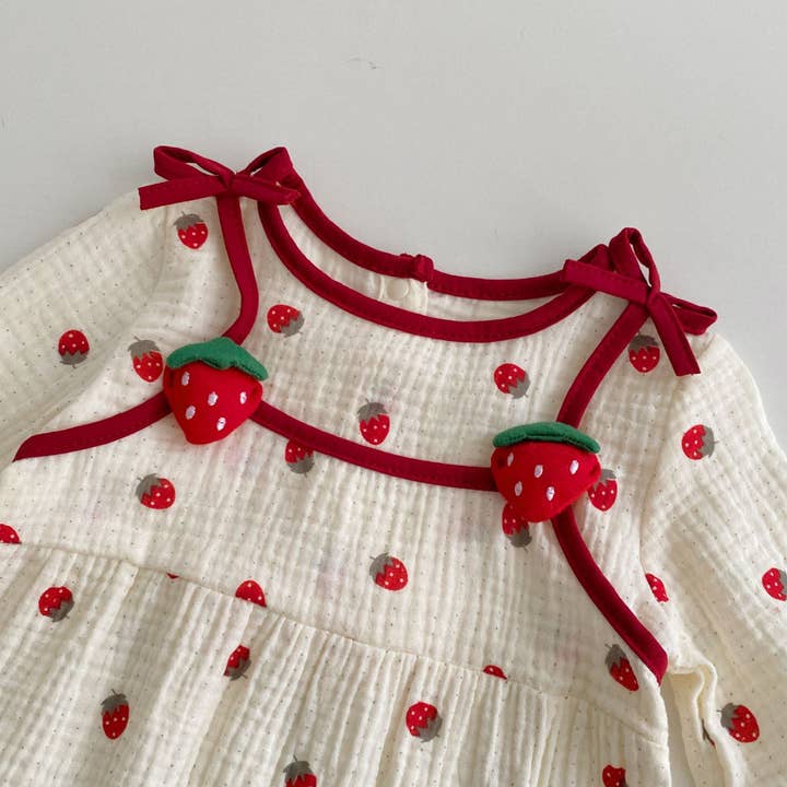 Red Autumn Arrival Baby Girls Long Sleeves Crew Neck Strawberry Pattern Rompers for wholesale on Faire1