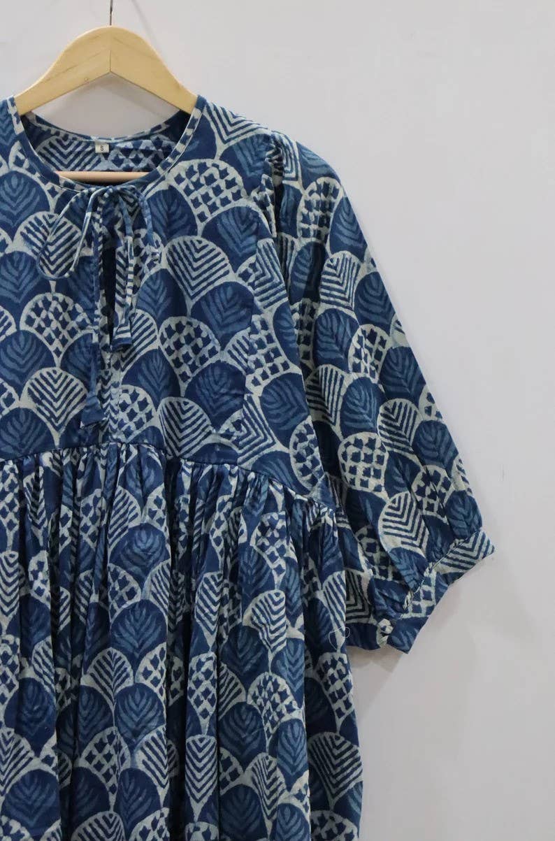 bhavnas boutique - Vente Robe – femme - Robe mini en coton indien imprimé indigo bleu, faite à la main1