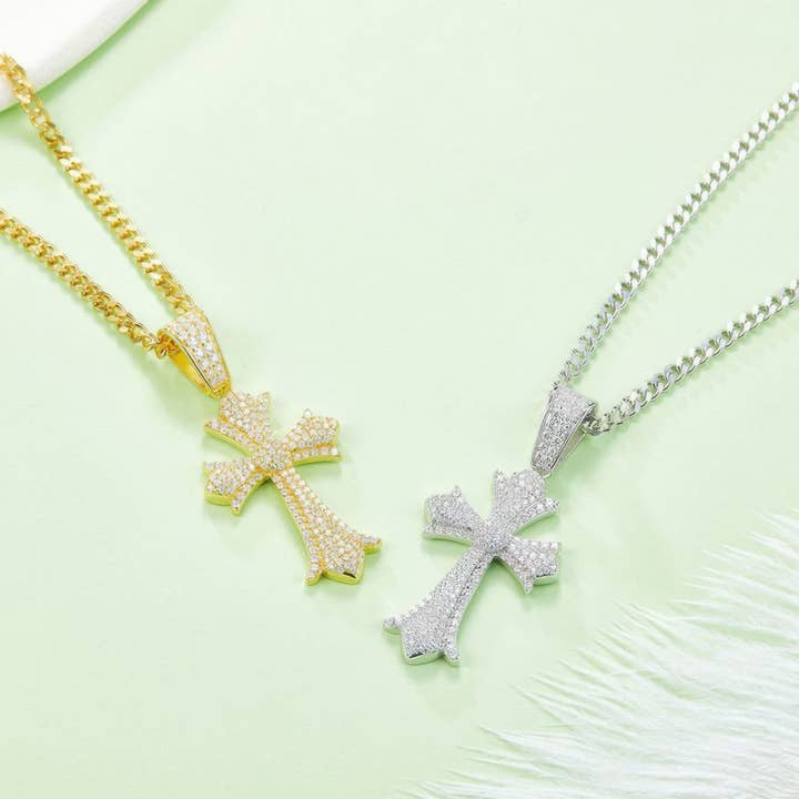 Men's Moissanite Cross Pendant Necklace | Vintage Pave Design | Gold Plated Options for wholesale by Sparkile