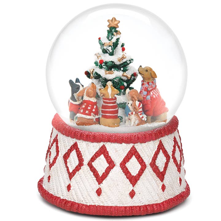 Chiens musicaux autour d'un globe à paillettes en forme d'arbre ; Sherri Buck Baldwin pour la vente par Roman