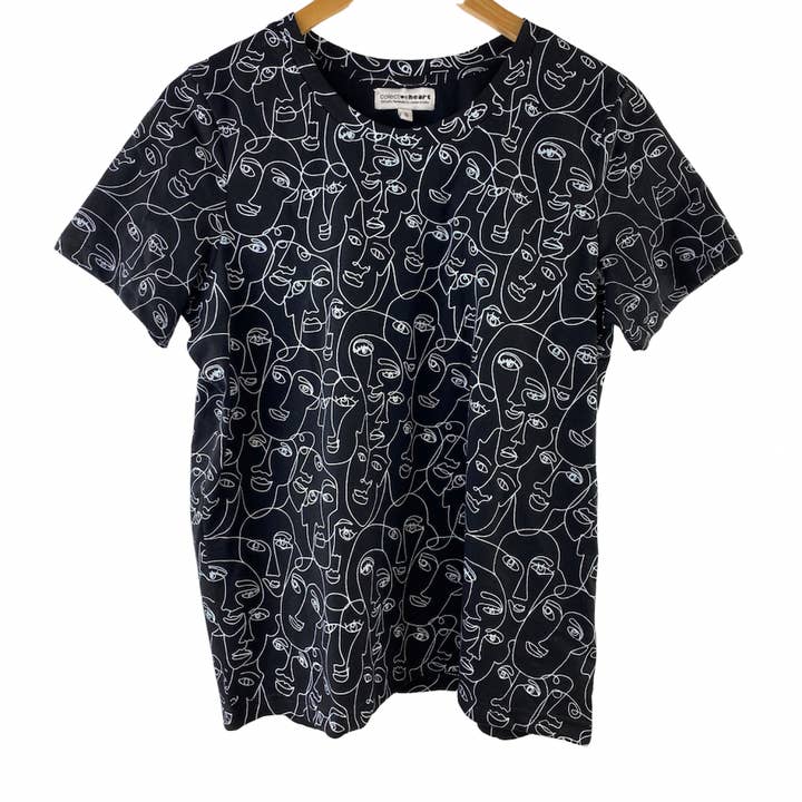 Organic Cotton S/S T-Shirt - Black w/ Drawn Faces Print for wholesale by Collective Heart