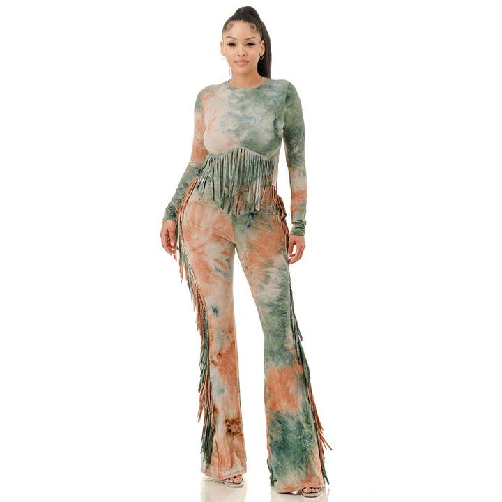 Conjunto de Top con Detalle de Flecos Tie Dye y Pantalones con Flecos Laterales para venta al por mayor de omgstyles