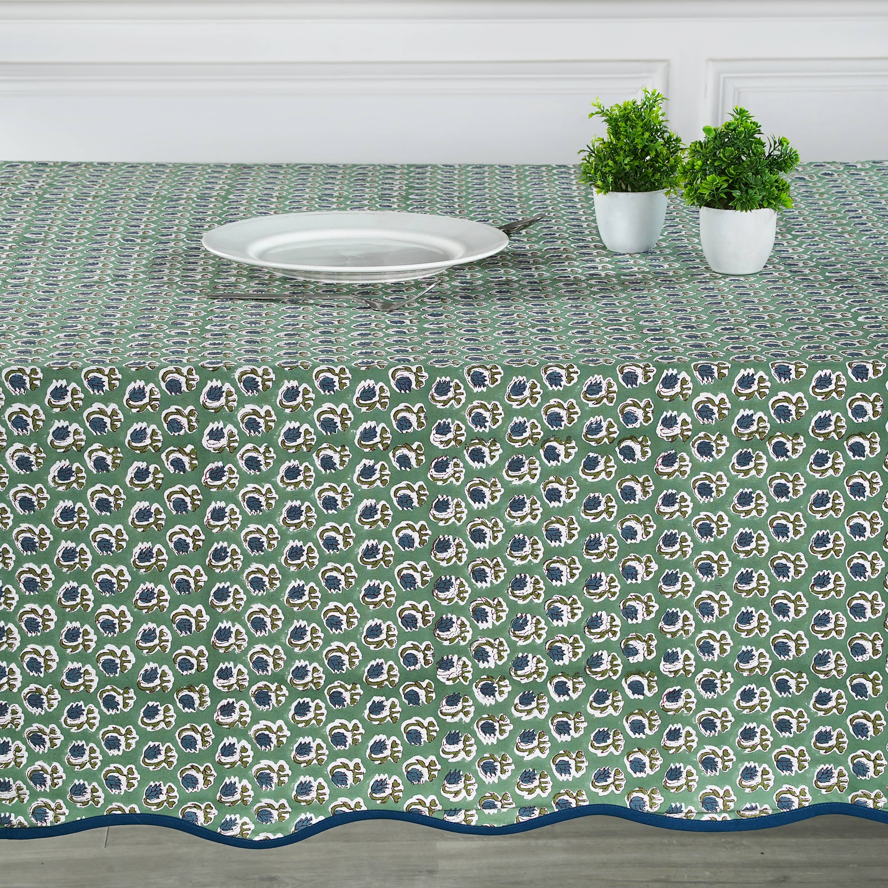 Fabricrush - Wholesale Tablecloth - Basil Green Block Printed Piping Tablecloth 100% Cotton  2