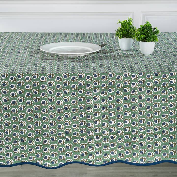 Fabricrush - Wholesale Tablecloth - Basil Green Block Printed Piping Tablecloth 100% Cotton 2