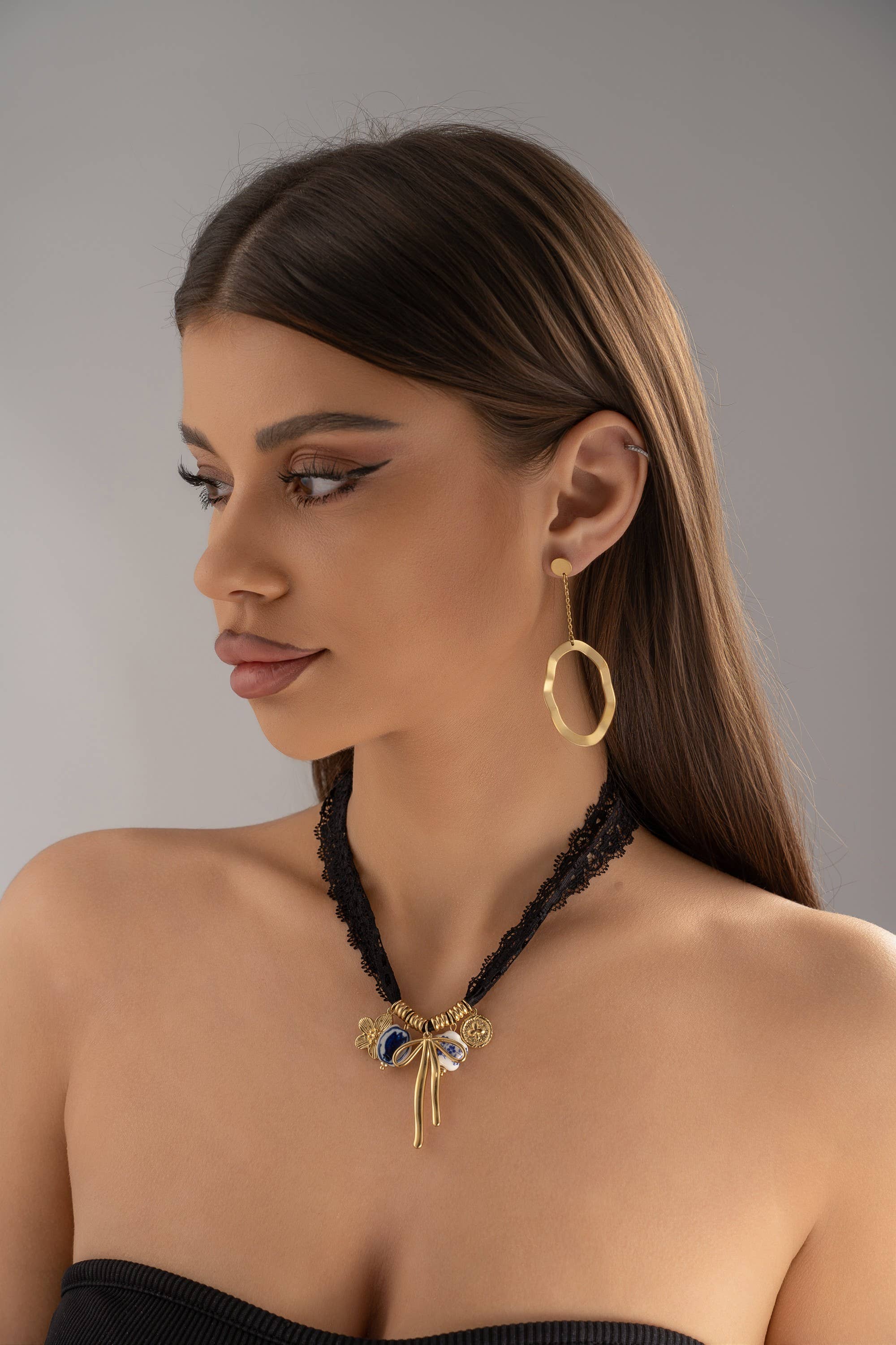 COSMOS - Wholesale Pendant/Charm Necklace - Mystic Elegance Black Lace Necklace Charm Stone Bow1