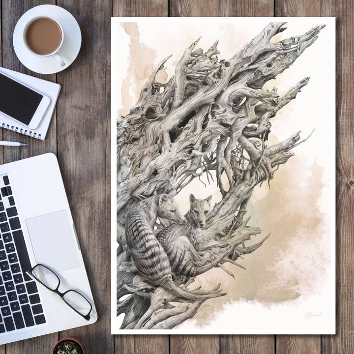 Kunstdruck „Driftwood Thylacine“ (mit Farbe) für den Großhandel von Fiona Francois Art
