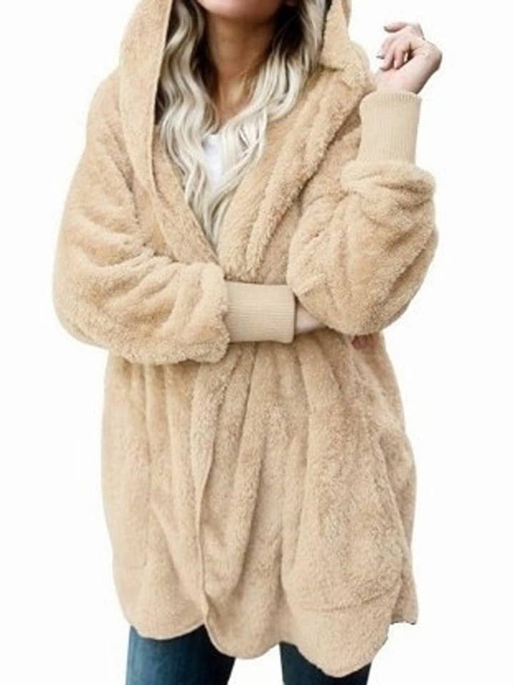 Overdimensioneret cardigan i imiteret pels med åben front for engroshandel hos Jiawaknitart