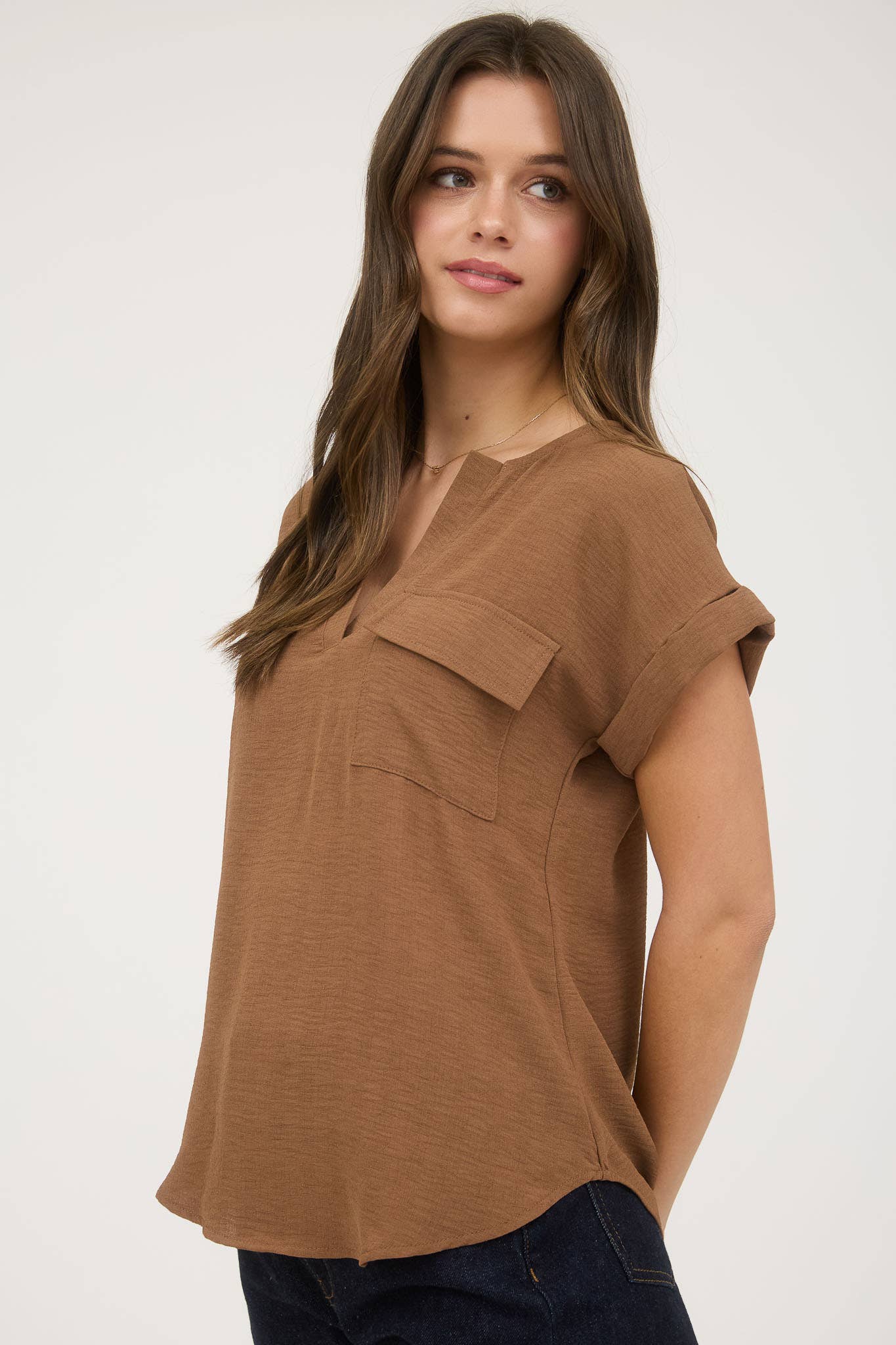 Blu Pepper - Wholesale Blouse - Women's - SPLIT NECK BACK BUTTON SHORT FOLD SLEEVE BLOUSE13