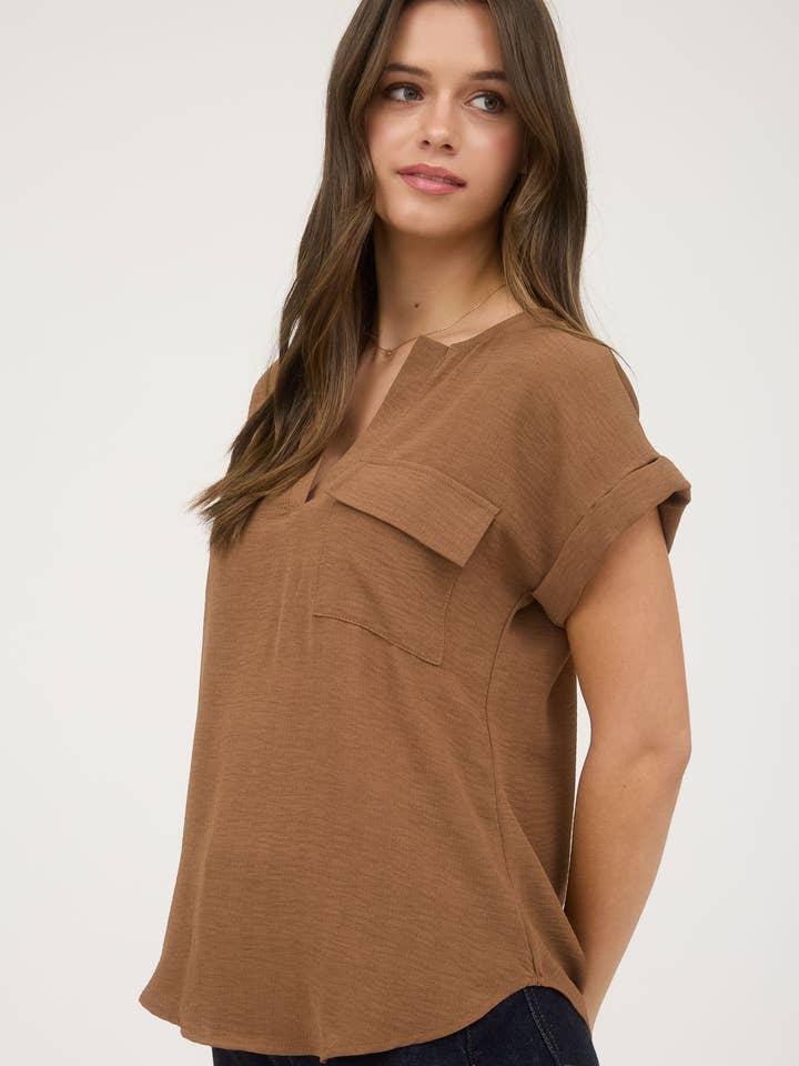 Blu Pepper - Wholesale Blouse - Women's - SPLIT NECK BACK BUTTON SHORT FOLD SLEEVE BLOUSE13