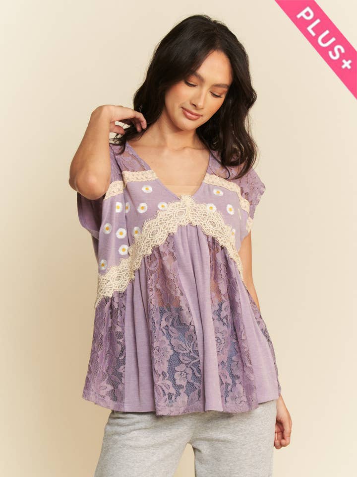 PLUS EMBROIDERY FLOWY DOLMAN KNIT TOP WITH LACE for wholesale by Davi & Dani