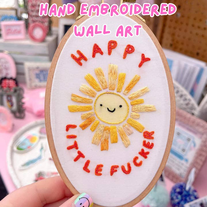 Happy Little Fucker embroidery wall art for wholesale by Catie Unthreaded