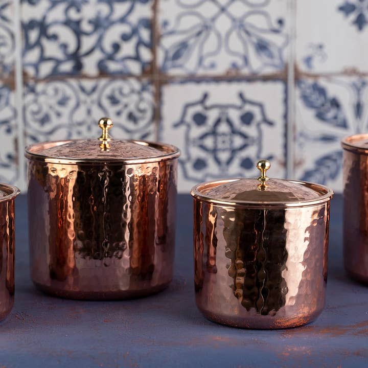 Set of 4 Solid Copper Canister Set with Lid | 100% Copper Kitchen Storage Box| Copper Spice Jar Container (2 x 750 ml & 2 x 450 ml) for wholesale by ALFIQ Copper