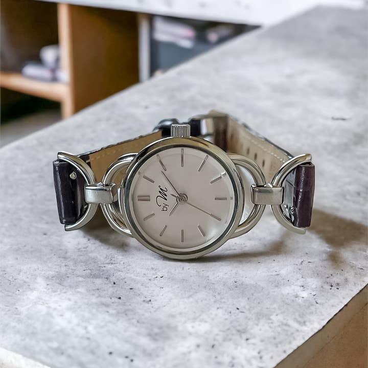 by M degrees - Wholesale Wrist Watch - Women's - 80s Vintage Style Women's Silver Watch Black Leather Strap2