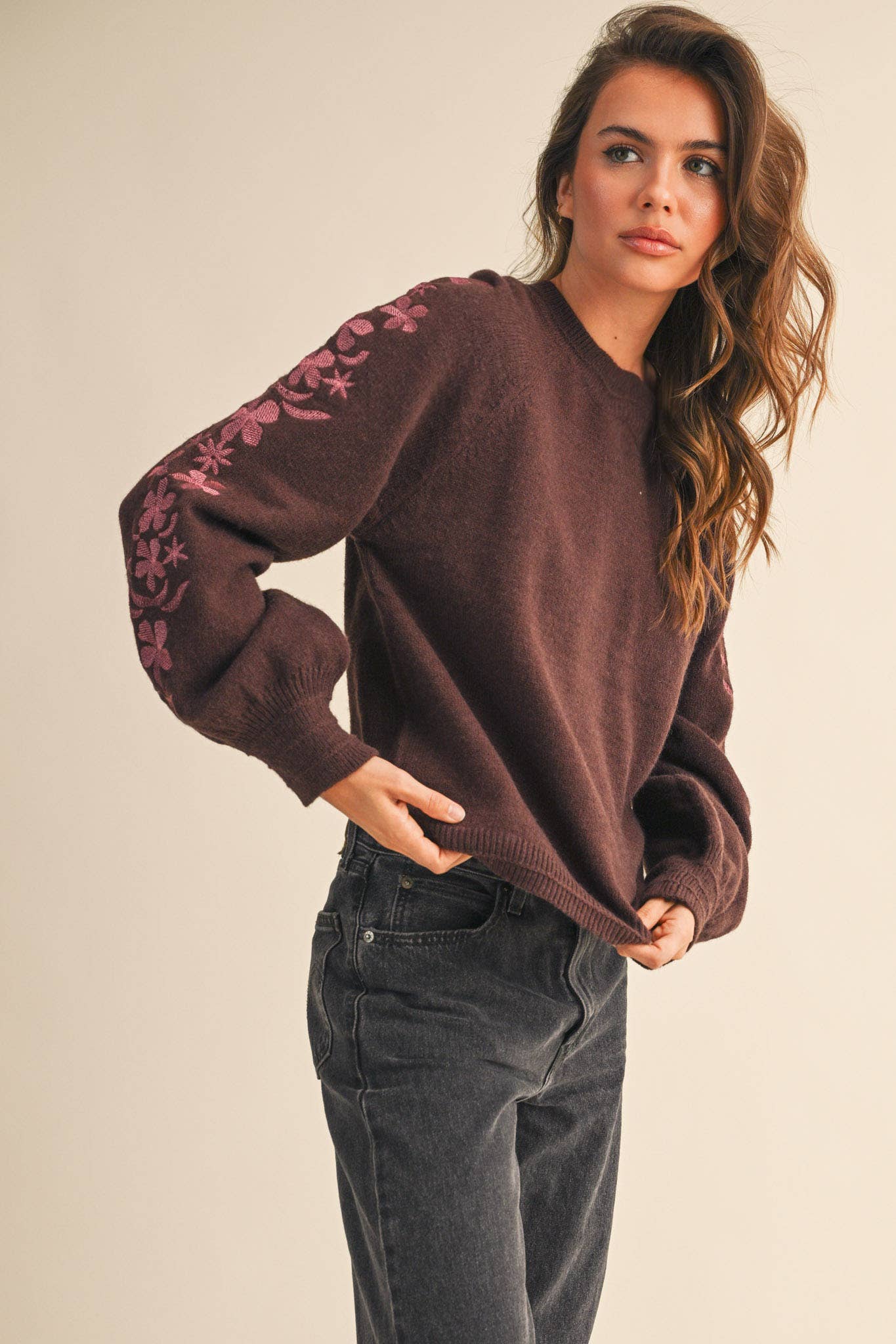 &MERCI - Wholesale Knit Sweater - Women's - PULLOVER SWEATER WITH FLORAL EMBROIDERED SLEEVES MSW1089016