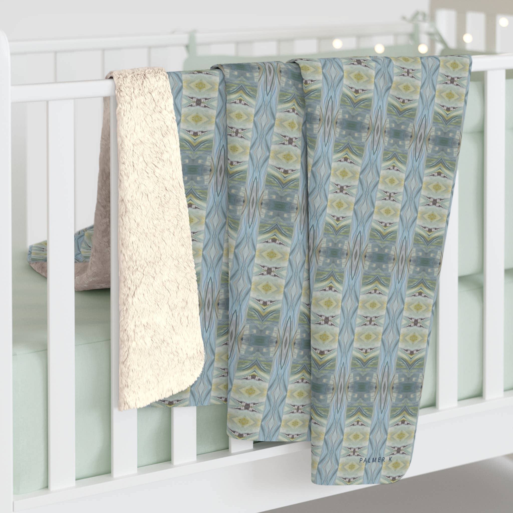 PALMER K Designs - Wholesale Throw Blanket - Sherpa Throw / Blanket: Green / Blue Geometric -SAX/P7A6