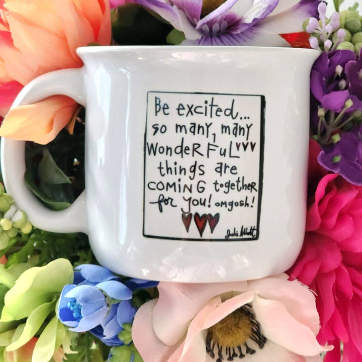 Be Excited Campfire Mug for wholesale by Julie Abbott Art
