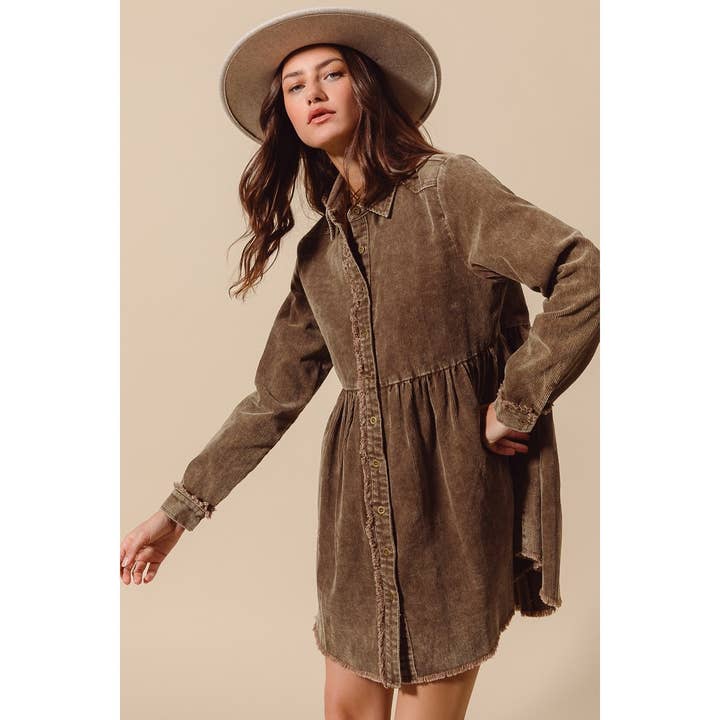 IVE – wholesale Dress – Women's – MINERAL WASHED CORDUROY BUTTON UP SHIRT DRESS