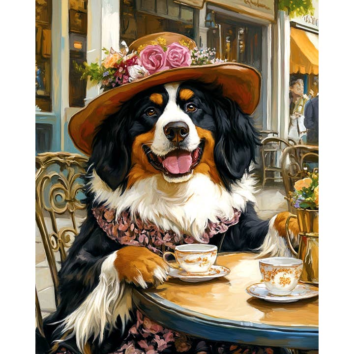 Mowbi - Wholesale Art Print - Bernese Mountain Dog Having Tea - Pet Dog Still Life Wall Art Prints – 8″x10″ Artwork for 11″x14″ Frame