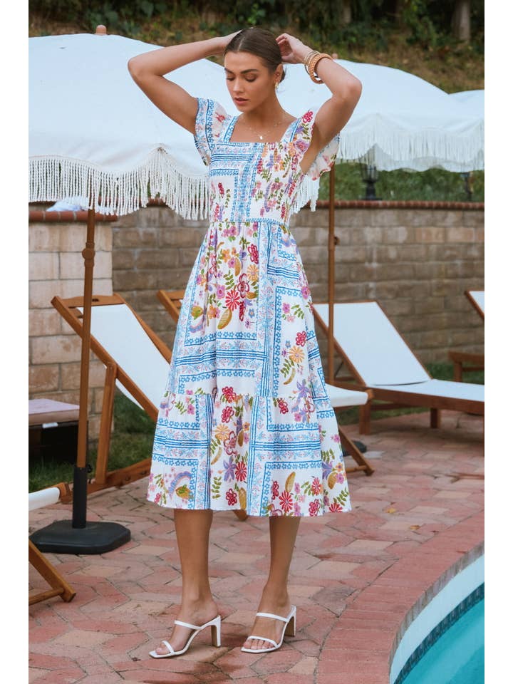 White Multi Plus Patchwork Printed Flutter Sleeve Midi Dress for wholesale on Faire