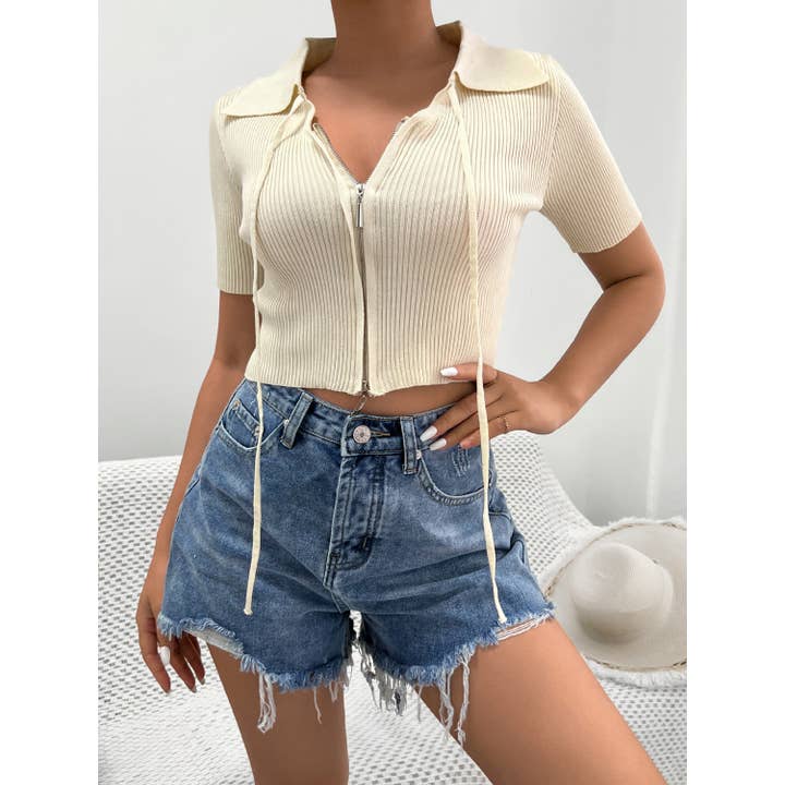 Blouse côtelée zippée à col pour la vente par L Michele