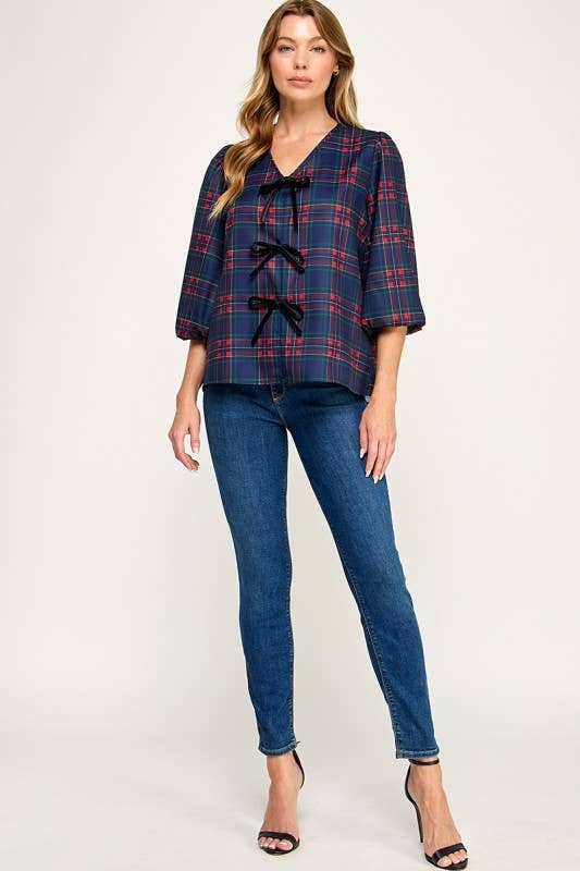 MintChoco - Wholesale Screen Printed T-Shirt - Women's - Plaid Holiday tie front blouse10