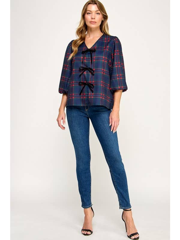 MintChoco - Wholesale Screen Printed T-Shirt - Women's - Plaid Holiday tie front blouse10