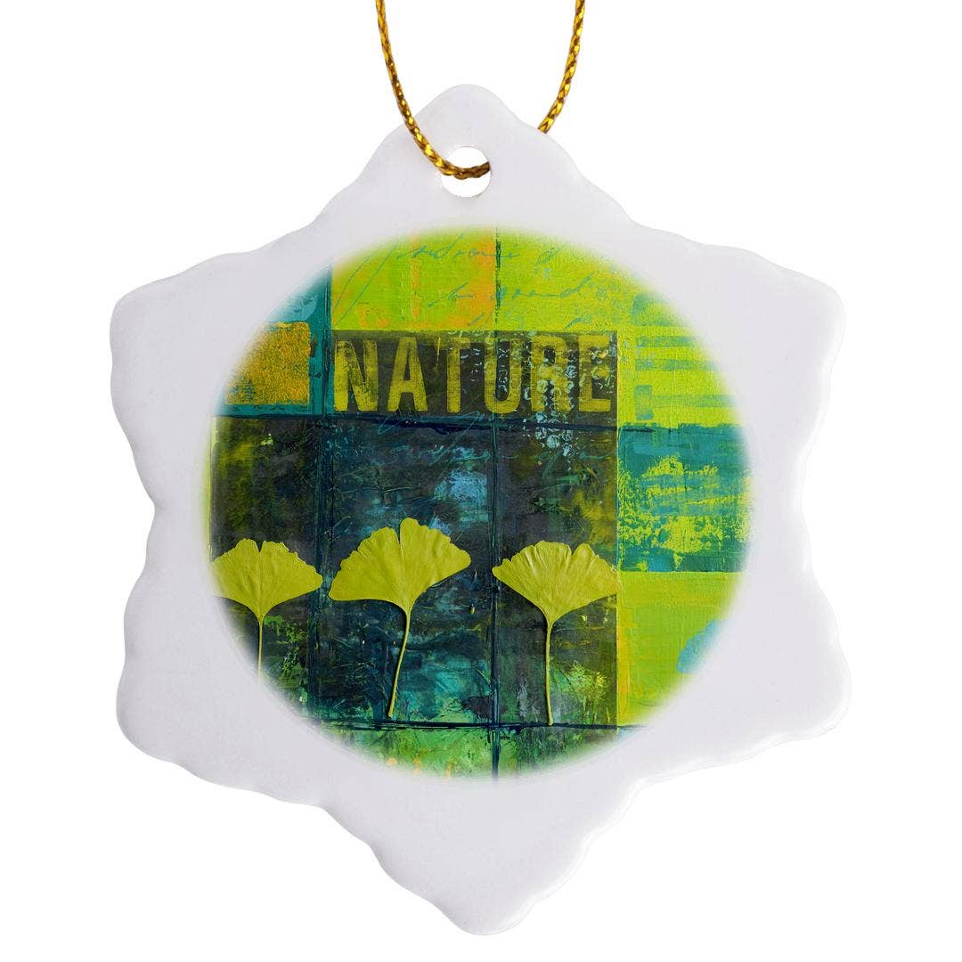 3dRose - Wholesale Ornament - 3dRose, Collage Illustratie Met Ginkgo Bladeren En Textelementen In Groen, Ornament0