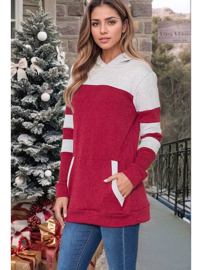 Burgundy Apparel - Wholesale Hoodie - Women's - COLOR BLOCK HOODIE TUNIC WITH FRONT POCKETS1
