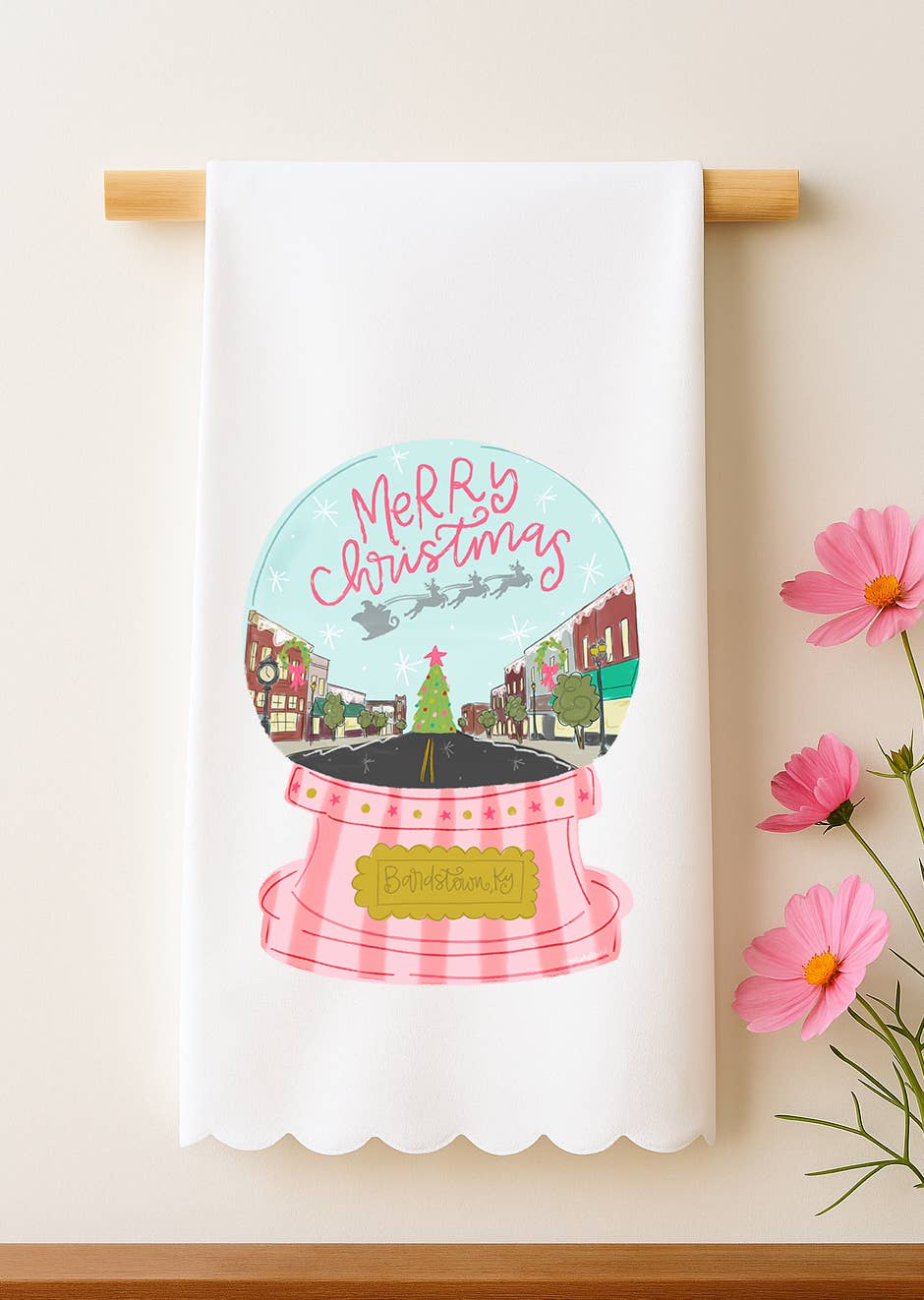 Doodles By Rebekah - Wholesale Tea towel - Custom Name- Pink Snow Globe Scalloped Tea Towel