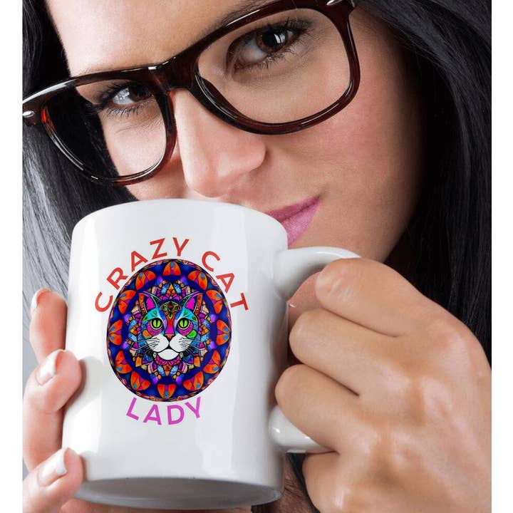 3dRose - Wholesale Coffee Mug - 3dRose, Crazy cat lady text and a stunning cat inside red and blue mandala, Mug9