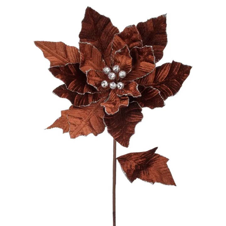 Velvet/Glitter Edge Poinsettia 24″ Stem – Brown for wholesale by CMC Wholesale