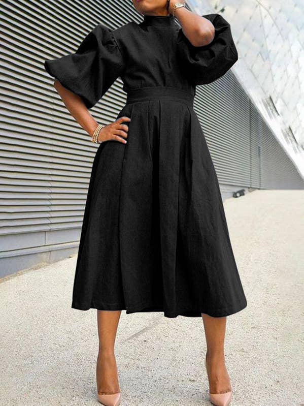 Vogue Vengeance - Wholesale Dress - Women's - A-Line Puff Sleeves Pleated Pockets Solid Color Split-Joint Mock Neck Midi Dresses