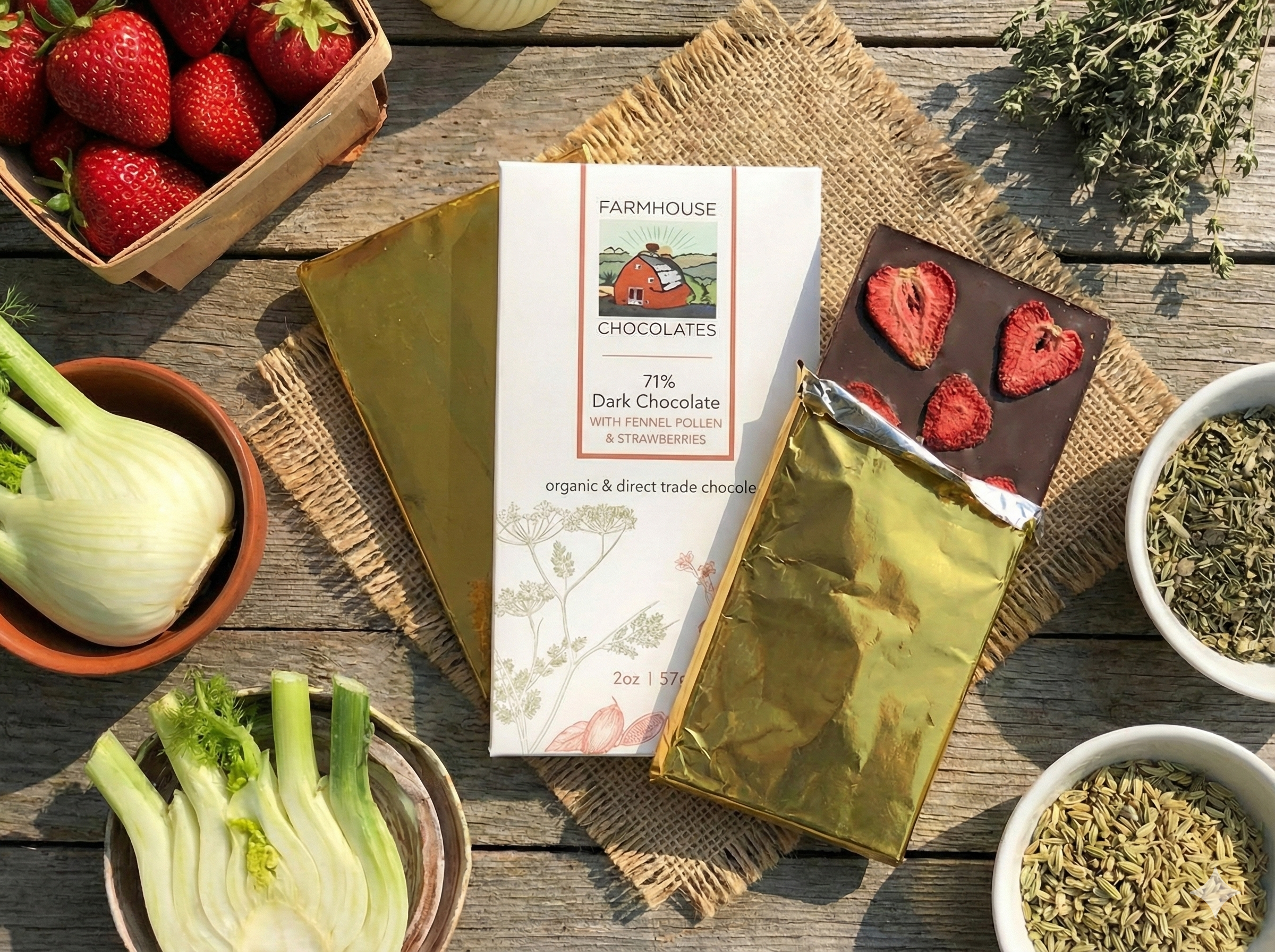 Farmhouse Chocolates - Wholesale Chocolate Bar - 71% Organic Chocolate Bar w/ Fennel Pollen & Strawberries2