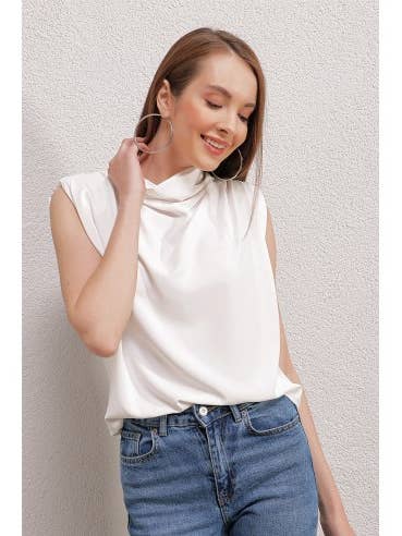 Satinbluse - hvid for engroshandel hos Mani Textile