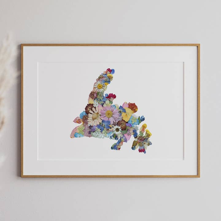 Newfoundland Map, Pressed Flower Art Print for wholesale by Seek & Bloom Creative Co.