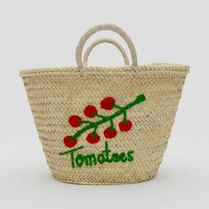 Panier de marché en paille brodé de tomates - Sac fourre-tout tissé pour la vente par Melecraft