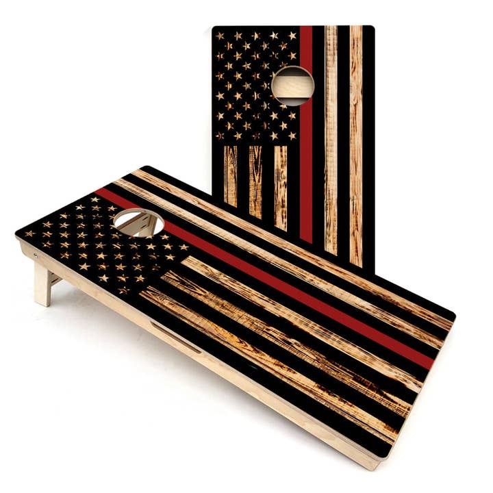 Planches de cornhole toutes saisons avec drapeau américain à ligne rouge fine pour la vente par Skip's Garage