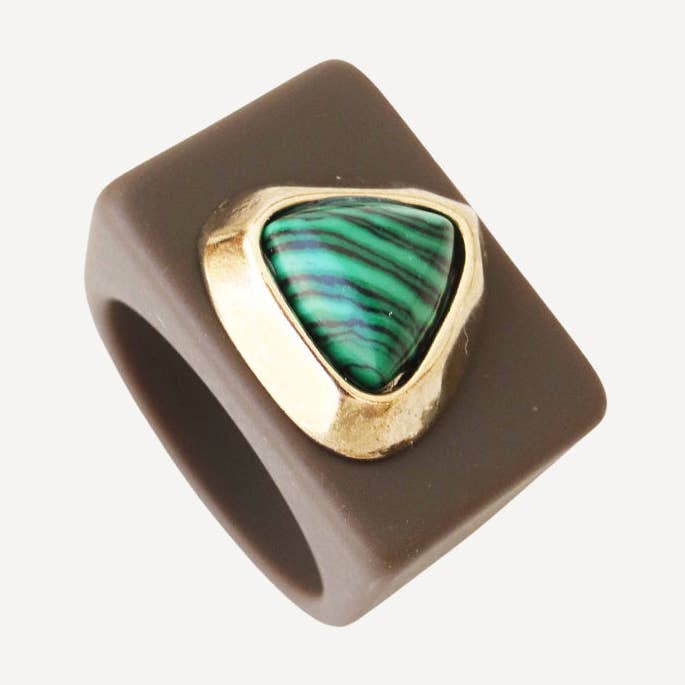 Large brown ring with malachite for wholesale by ÉMOLO