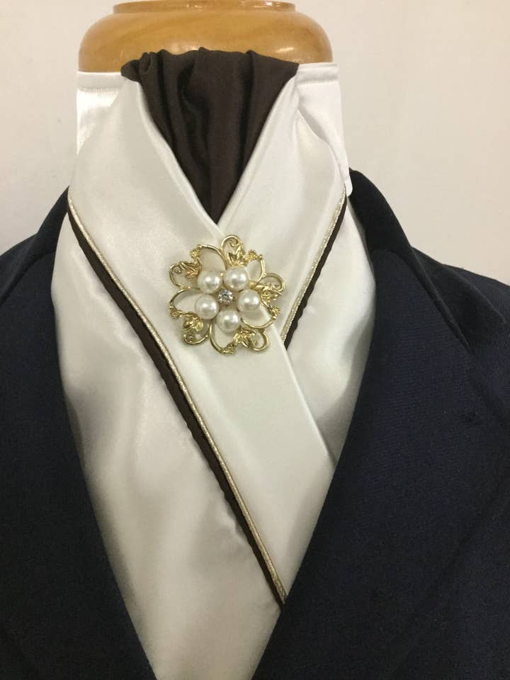 HHD Cream Satin Pretied Stock Tie Brown and Gold for wholesale by Heavenly Horse Designs