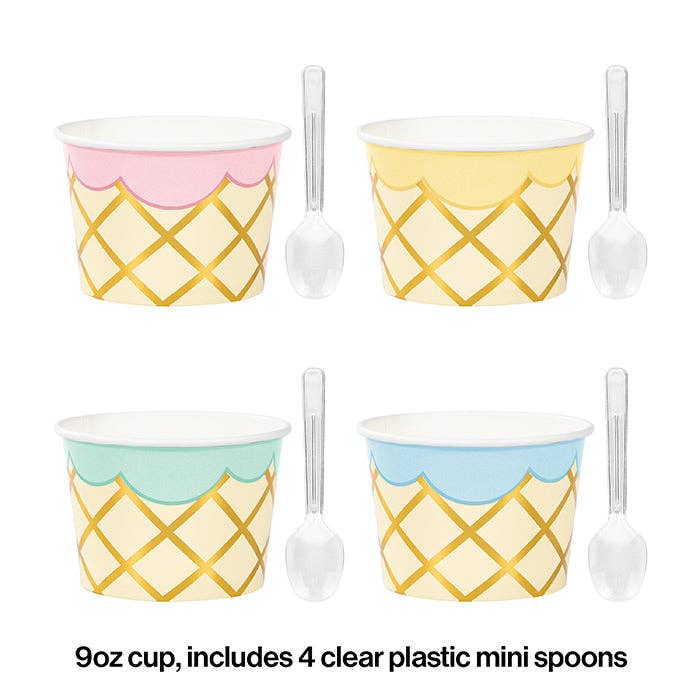 Bulk Party Decor - Wholesale Disposable Cup - Ice Cream Party Paper Treat Cups with Spoons, 8/Pkg