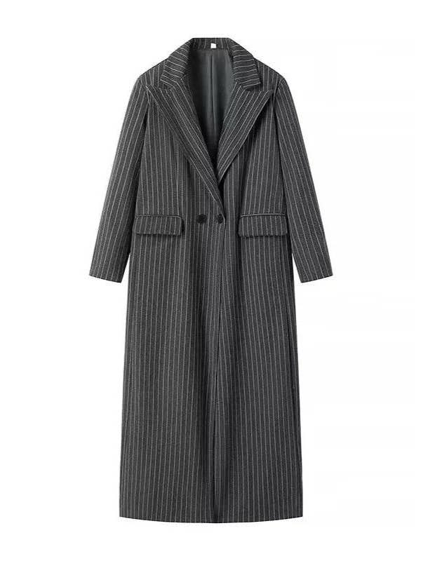 Black Pinstripe Long Woolen Coat - Elegant and Minimalist for wholesale on Faire