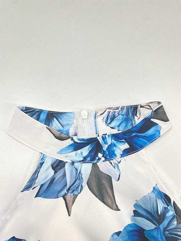 BLUE WHITE A-Line High Waisted Contrast Color Flower Print Pleated Halter-Neck Maxi Dresses for wholesale on Faire7