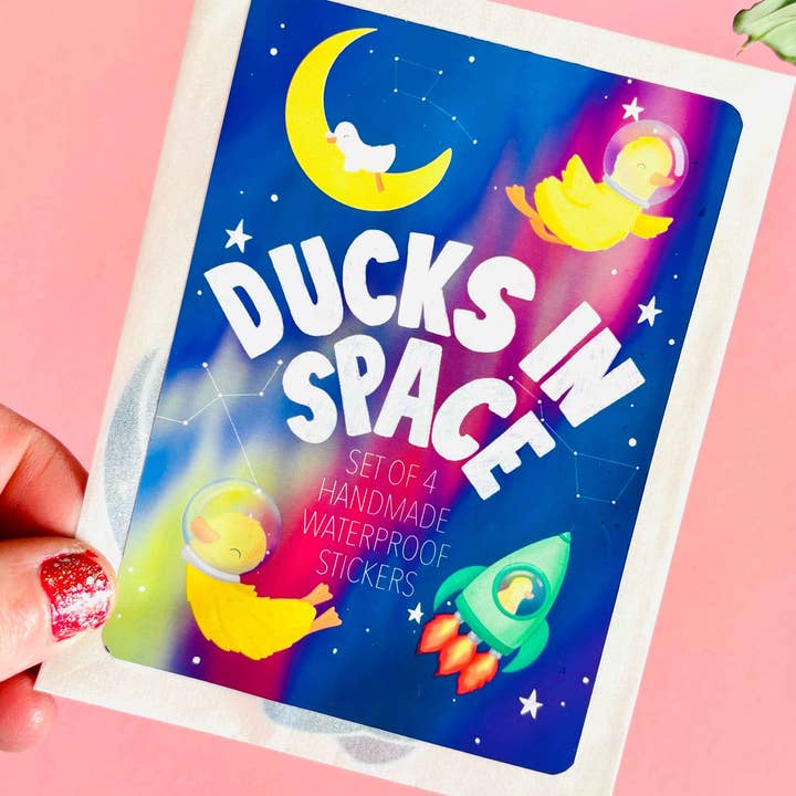 Space Duck Sticker Set- 4 Handmade 7cm Waterproof Vinyl Stickers for wholesale by Pixiecraft