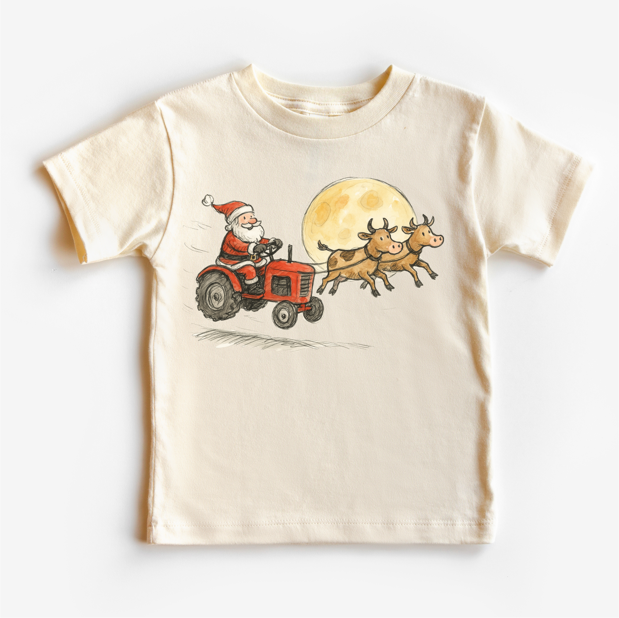 Madi Moosh – T-shirts estampadas – Criança por atacado – Camisola de Natal Infantil - Trator do Pai Natal e Vacas na Quinta0
