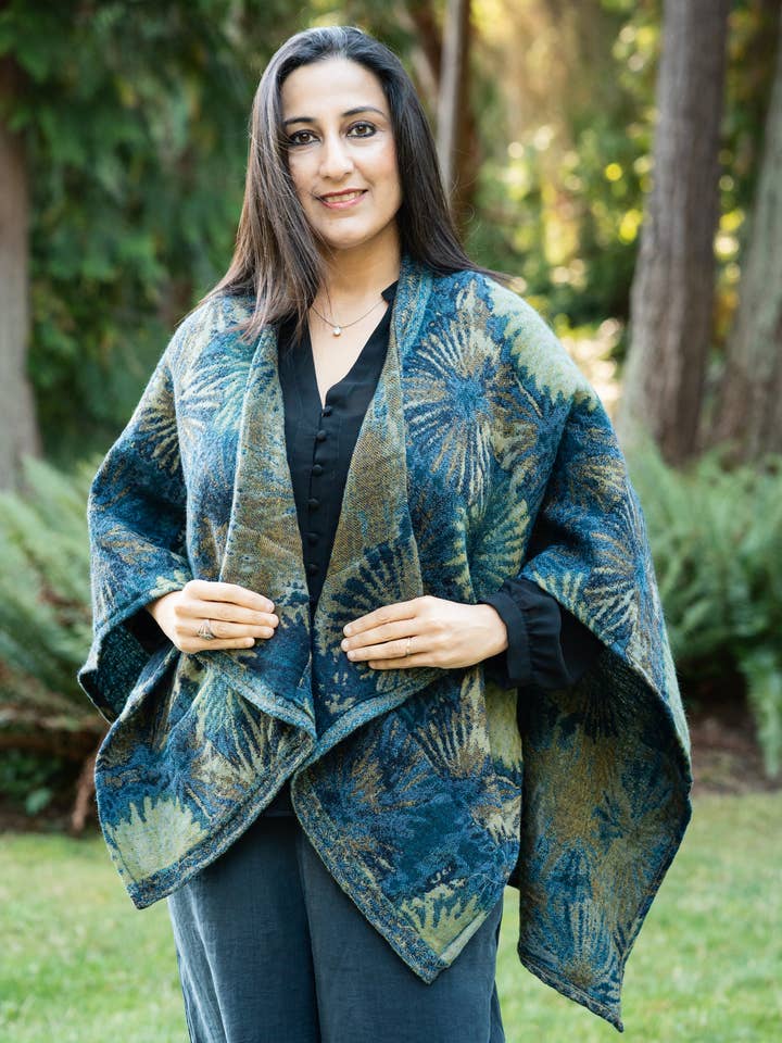 NEW ! 515/Poncho Cape ~Starburst Teal in Long size for wholesale by In Style Scarves