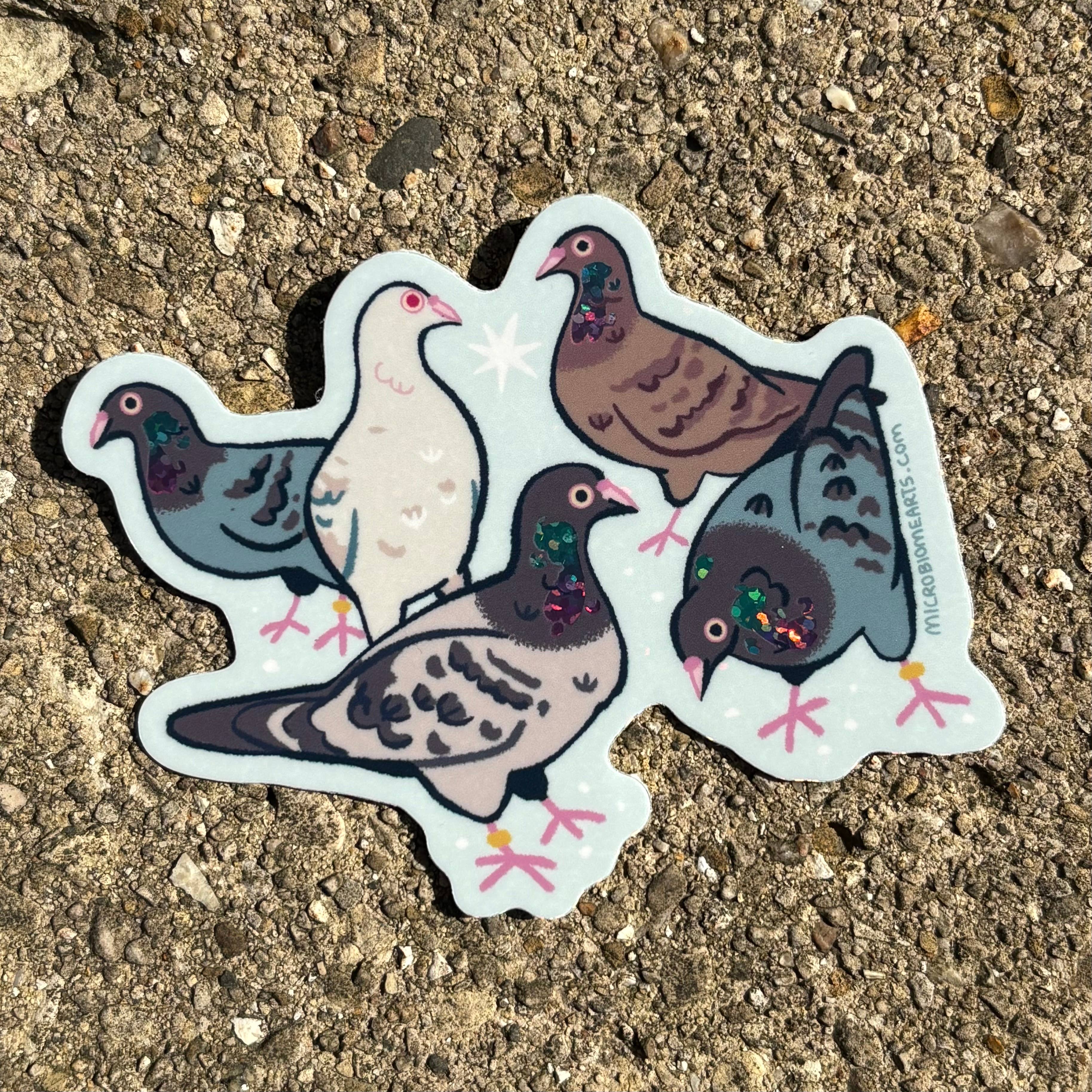 Microbiome Arts - Wholesale Sticker - Sparkly Pigeons 3.5” Sticker1
